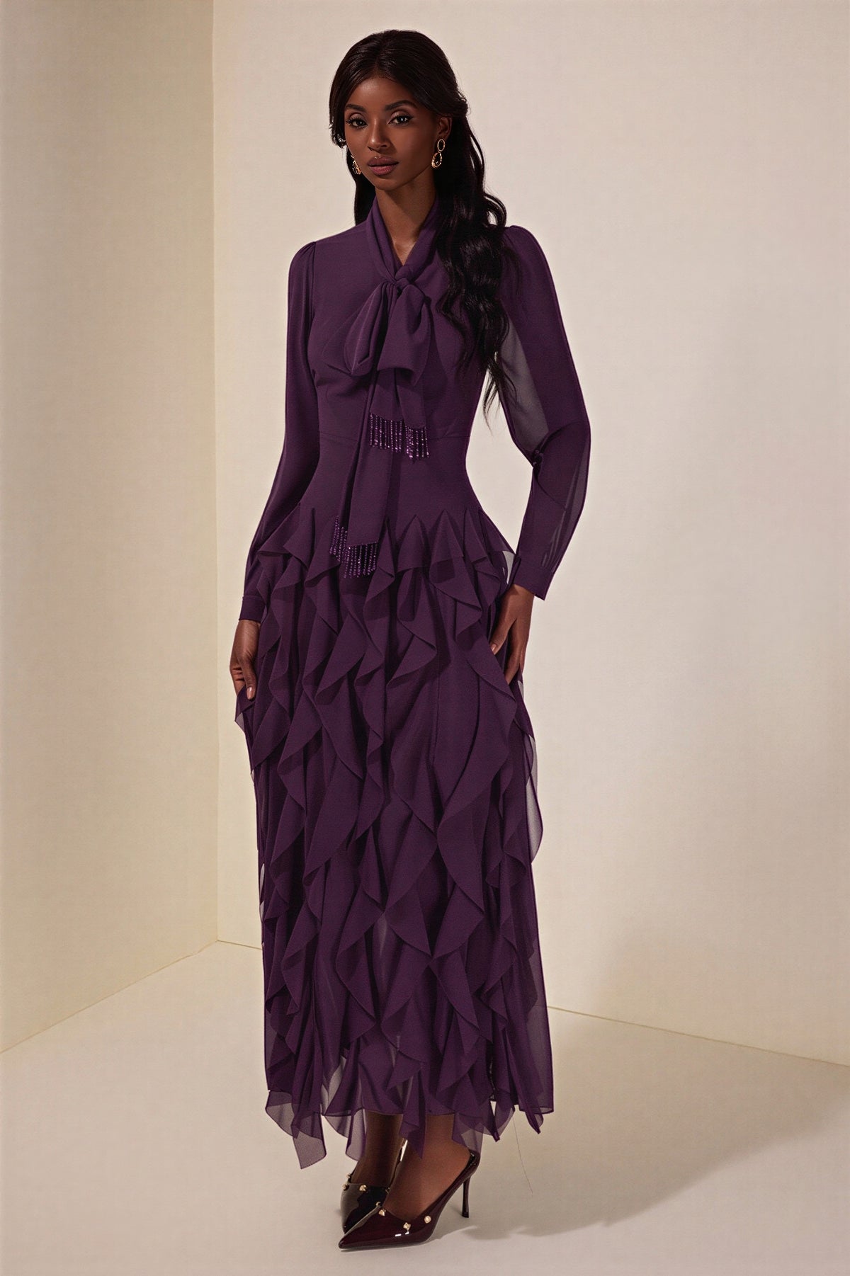 Chiffon Frill Beads Maxi Dress