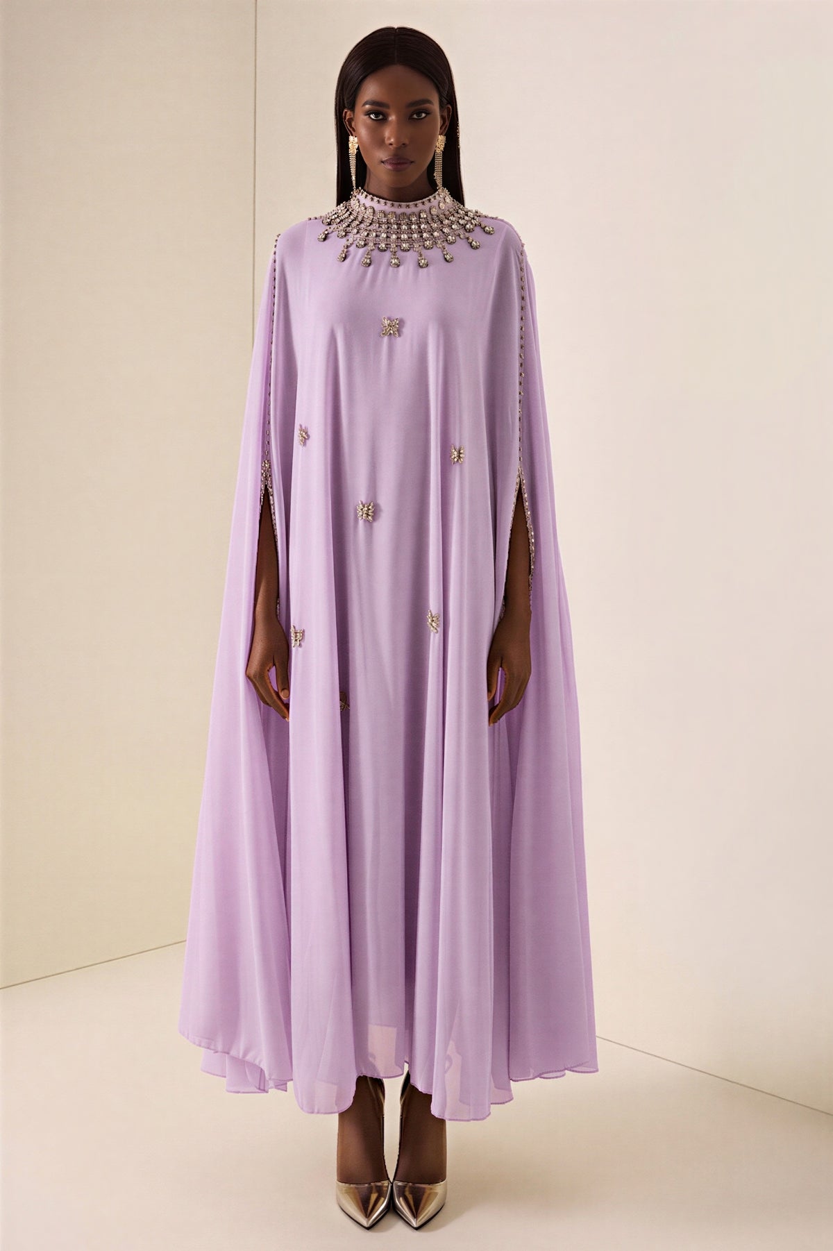 Chiffon Rhinestone Rivets Cape Midi Dress