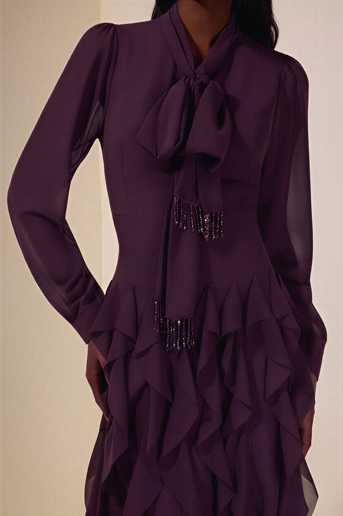Chiffon Frill Beads Maxi Dress