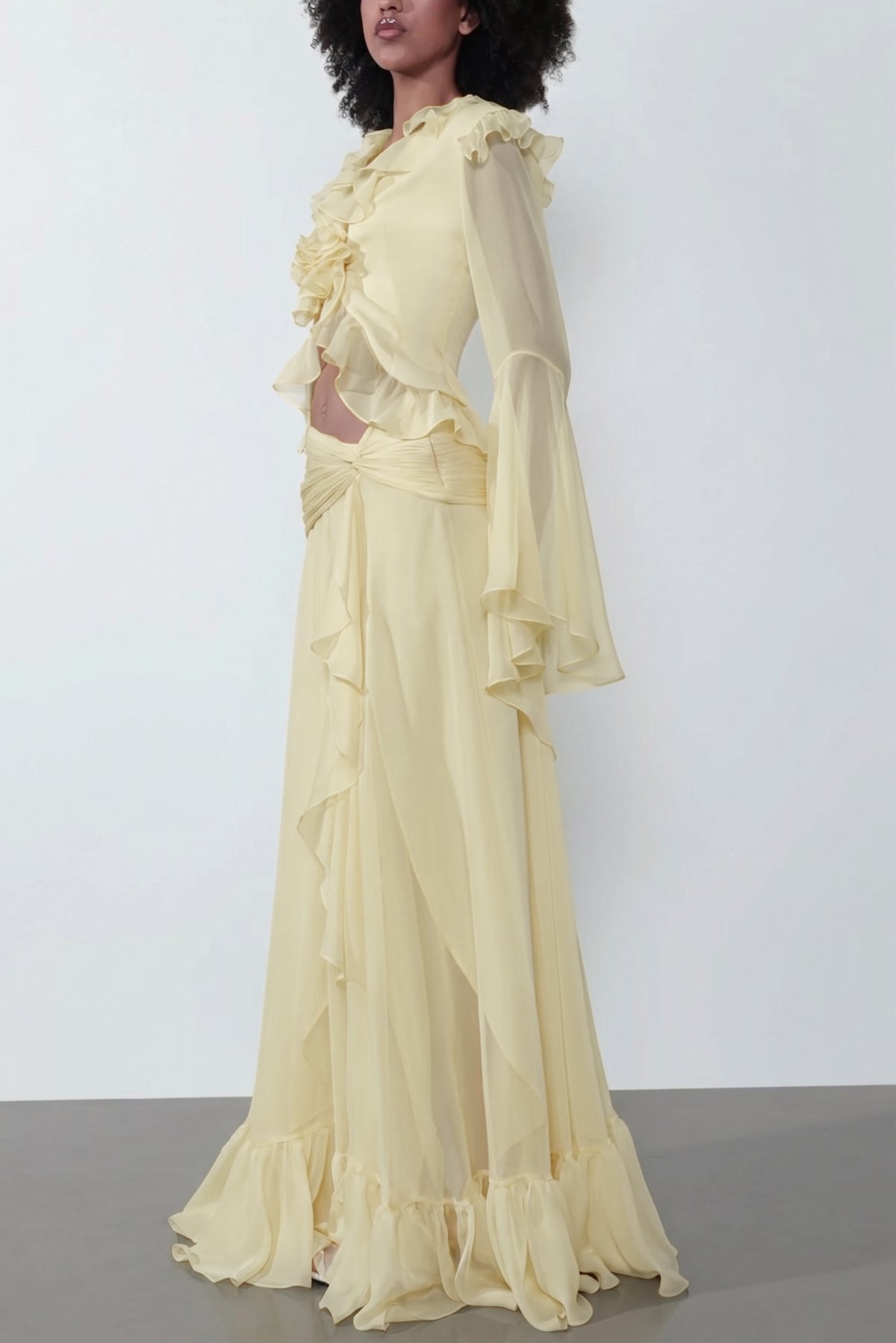 V-Neck Bell Sleeve Top & High Waist Maxi Skirt Set