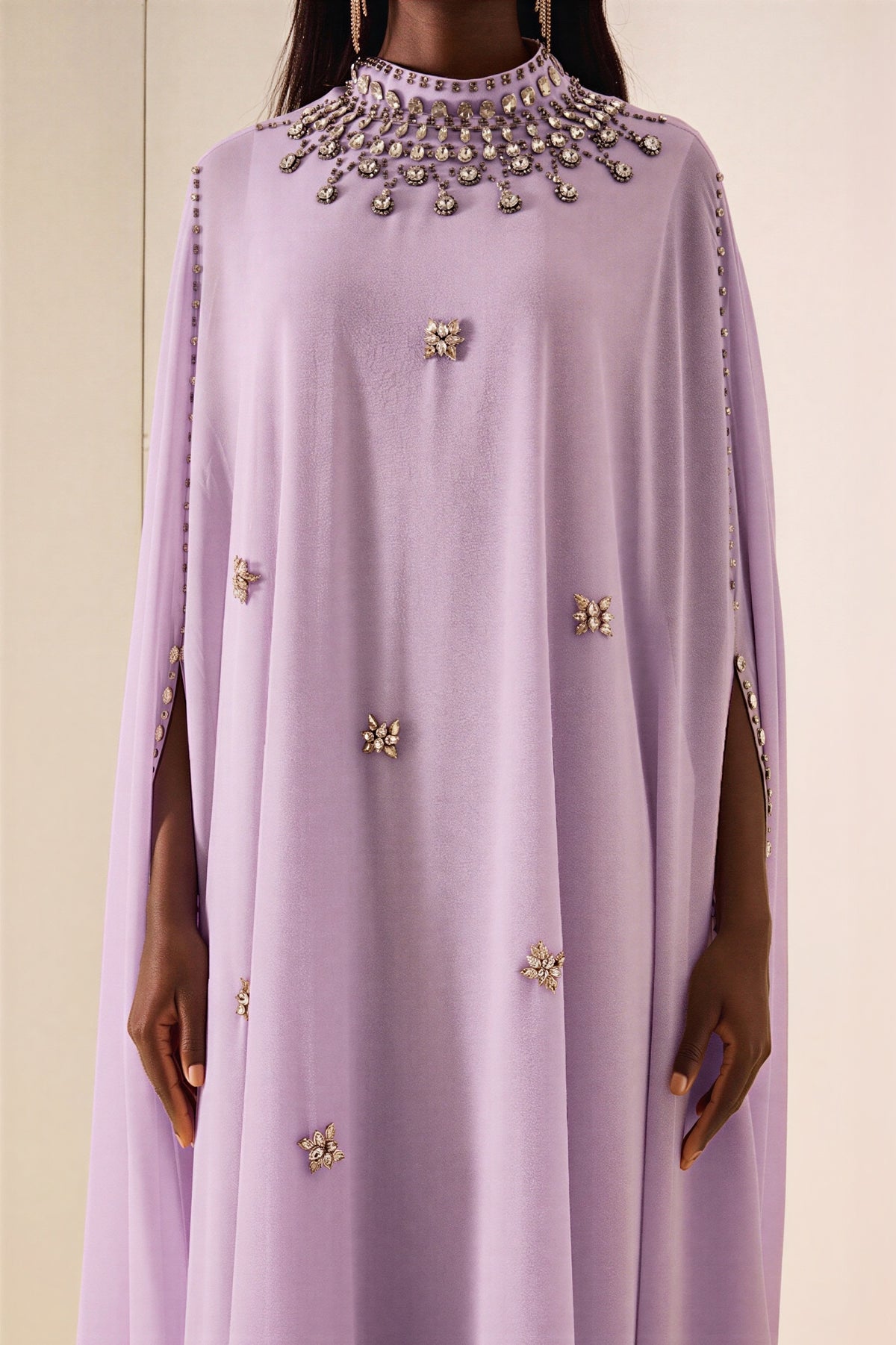 Chiffon Rhinestone Rivets Cape Midi Dress