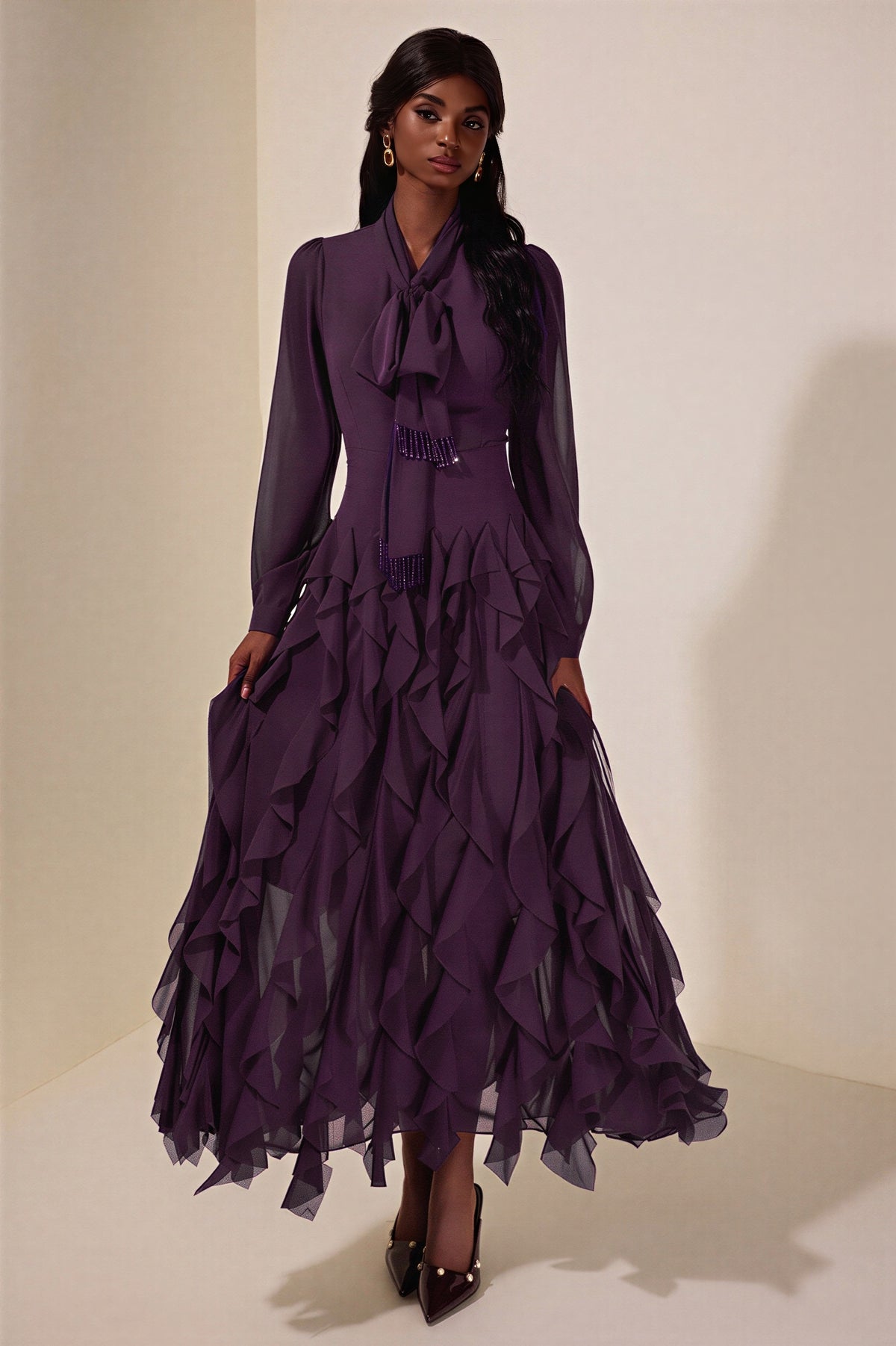 Chiffon Frill Beads Maxi Dress