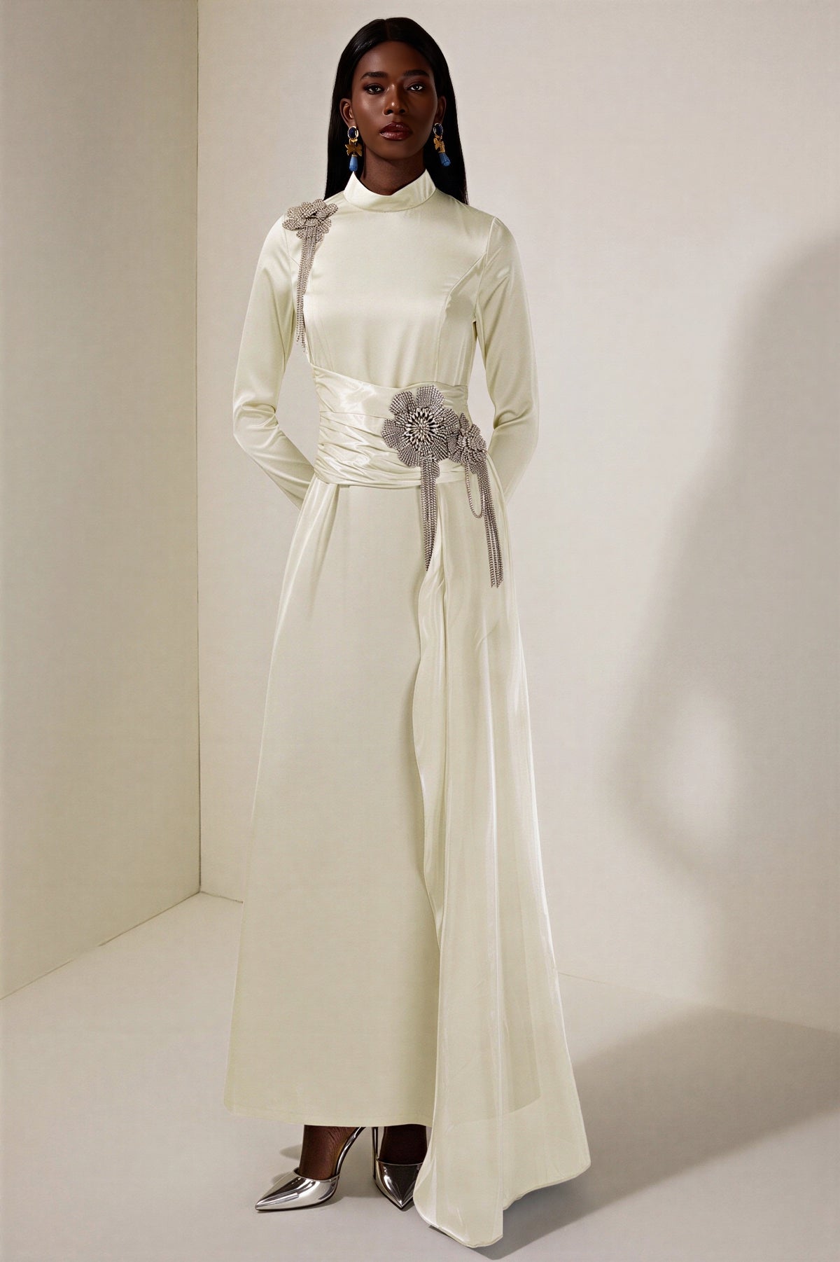 Rhinestone 3D Flower Satin Maxi Dress