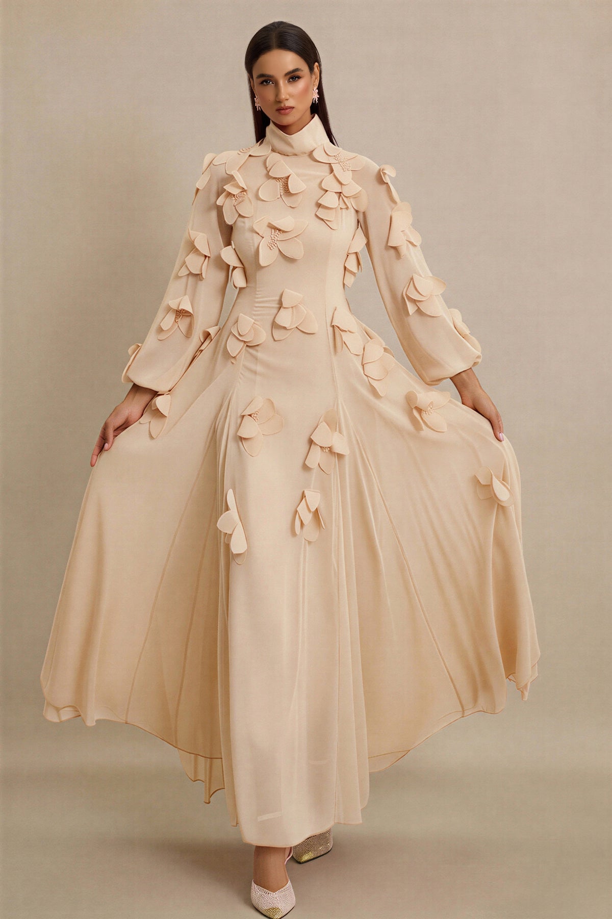3D Flower Stand Collar Long Sleeve Maxi Dress