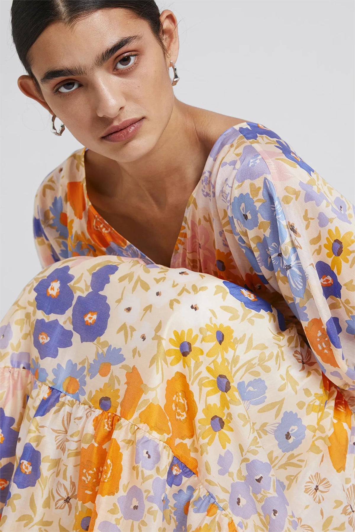 Floral Puff Sleeve V-Neck Maxi Dress