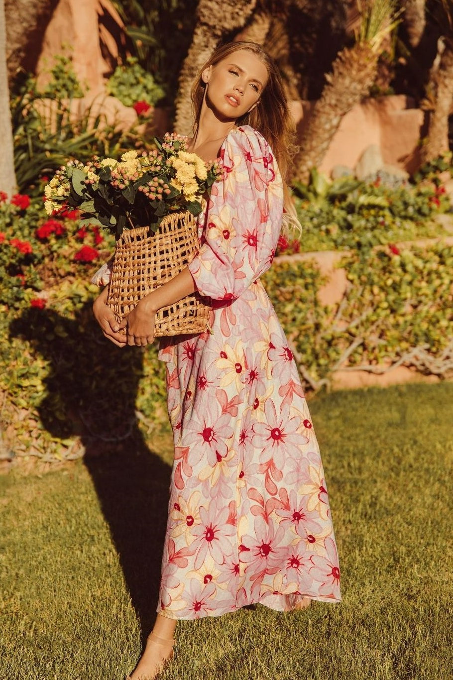 Floral Puff Sleeve Square Collar Backless Maxi Dress