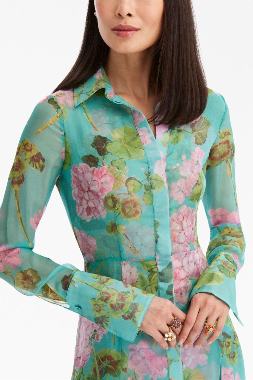 Floral Lantern Sleeve Lapel Buckle Maxi Dress