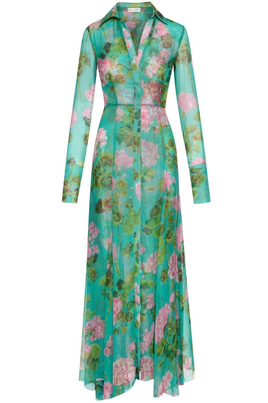 Floral Lantern Sleeve Lapel Buckle Maxi Dress