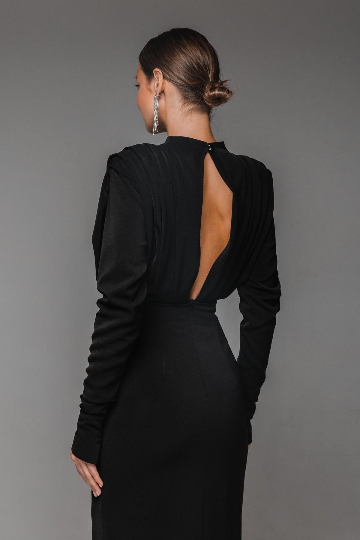 Solid High Split Long Sleeve Midi Dress