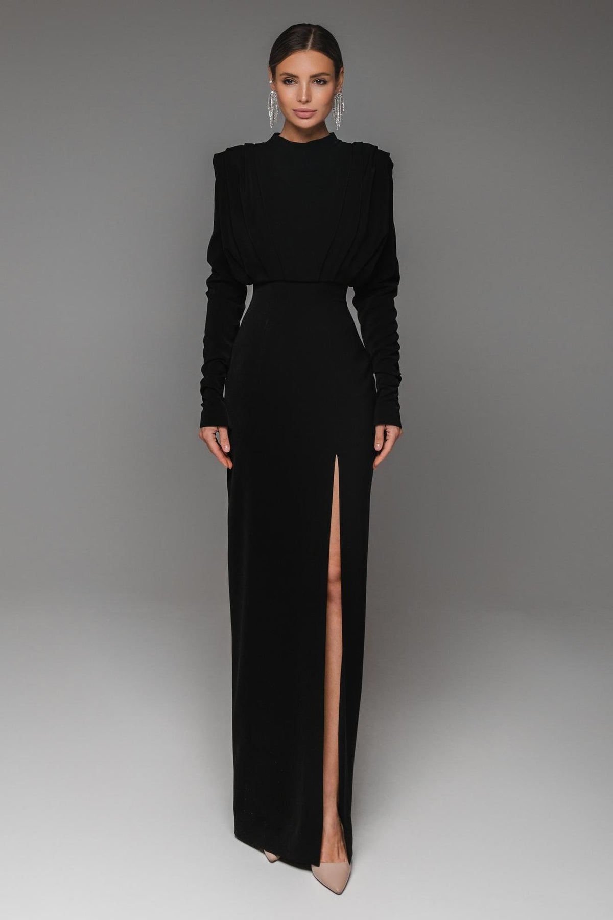 Solid High Split Long Sleeve Midi Dress
