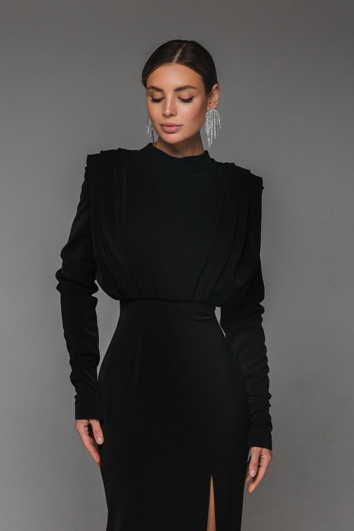 Solid High Split Long Sleeve Midi Dress