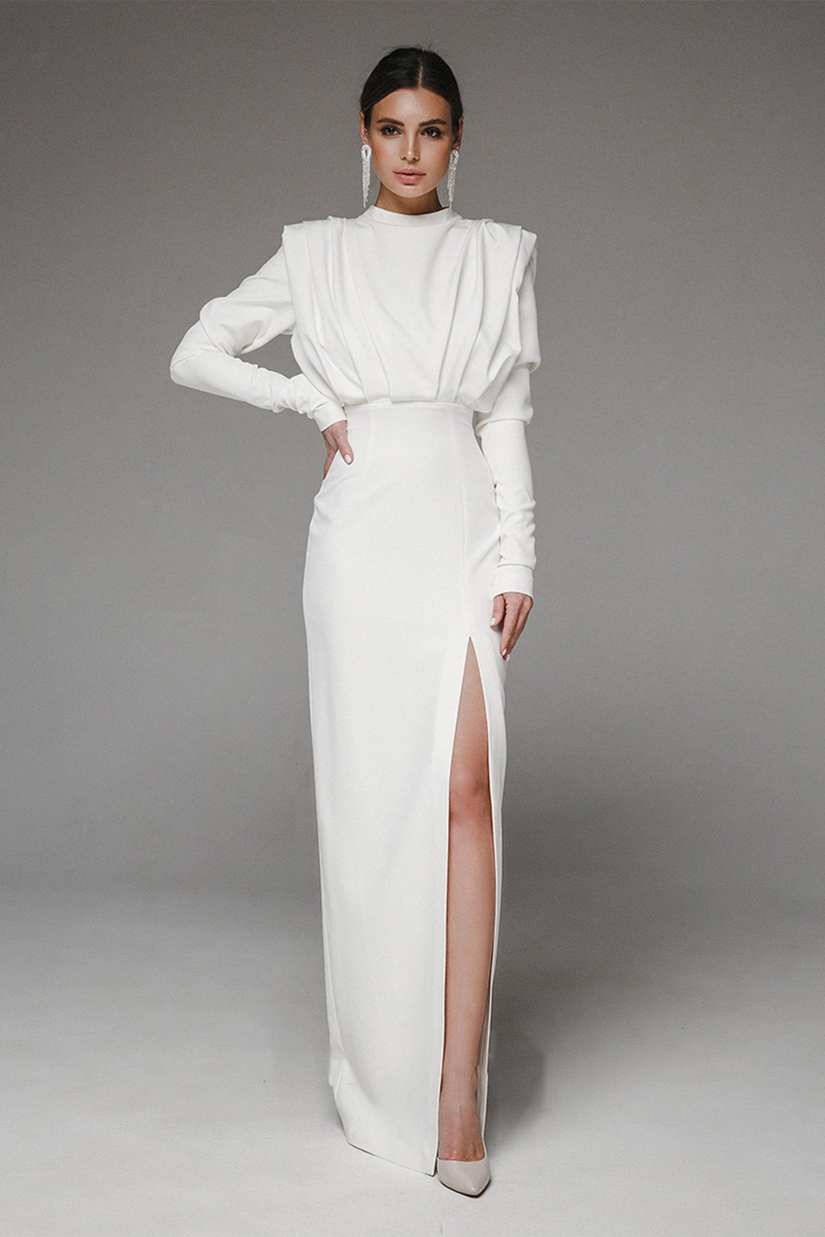 Solid High Split Long Sleeve Midi Dress