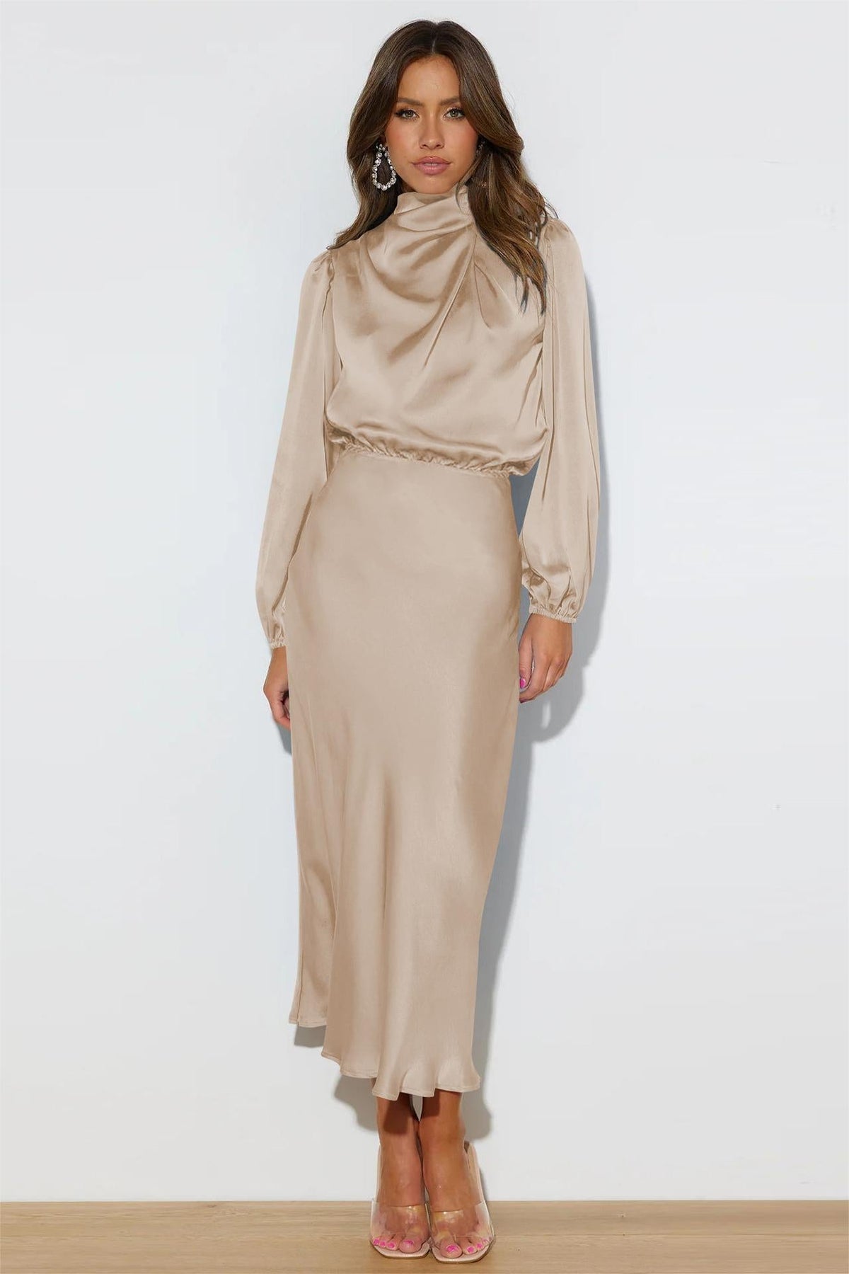 Satin High Neck Long Sleeve Midi Dress