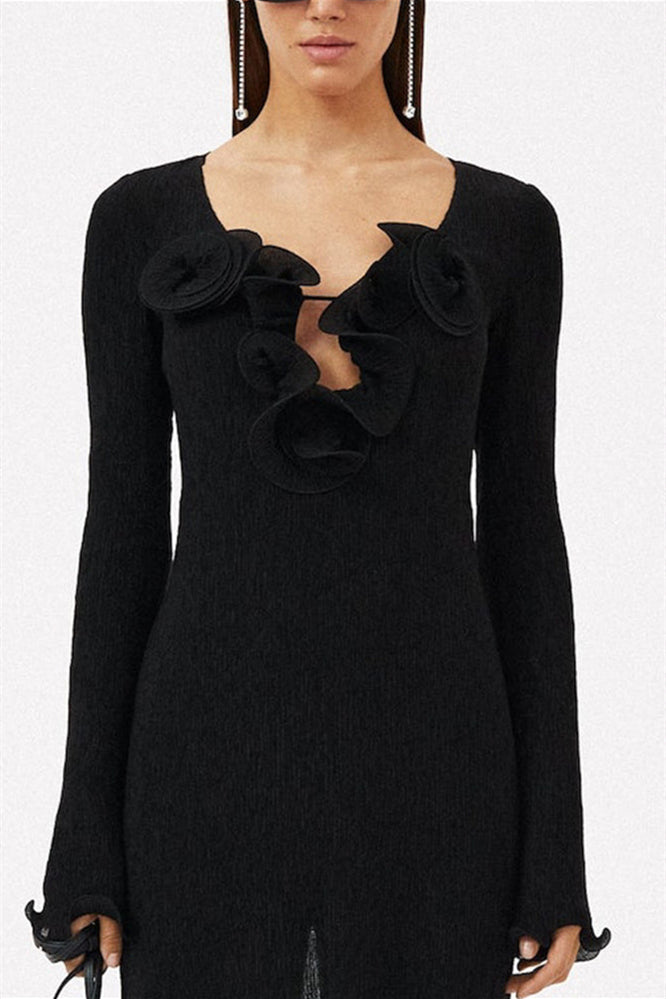 3D Flower Long Sleeve V-Neck Split Maxi Dress Black