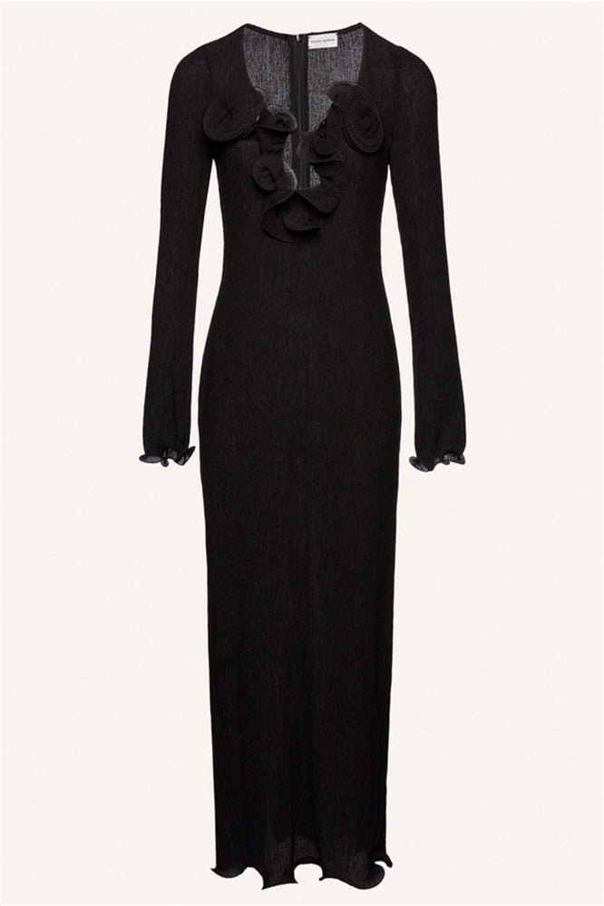 3D Flower Long Sleeve V-Neck Split Maxi Dress Black