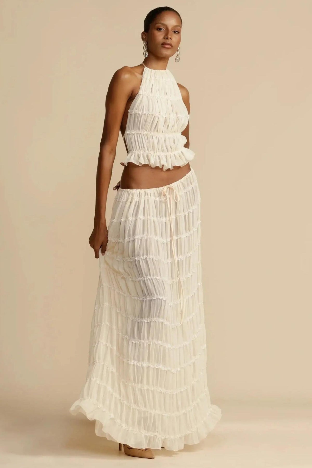 Smocking Halter Neck Backless Top & Mid Waist Maxi Skirt Set
