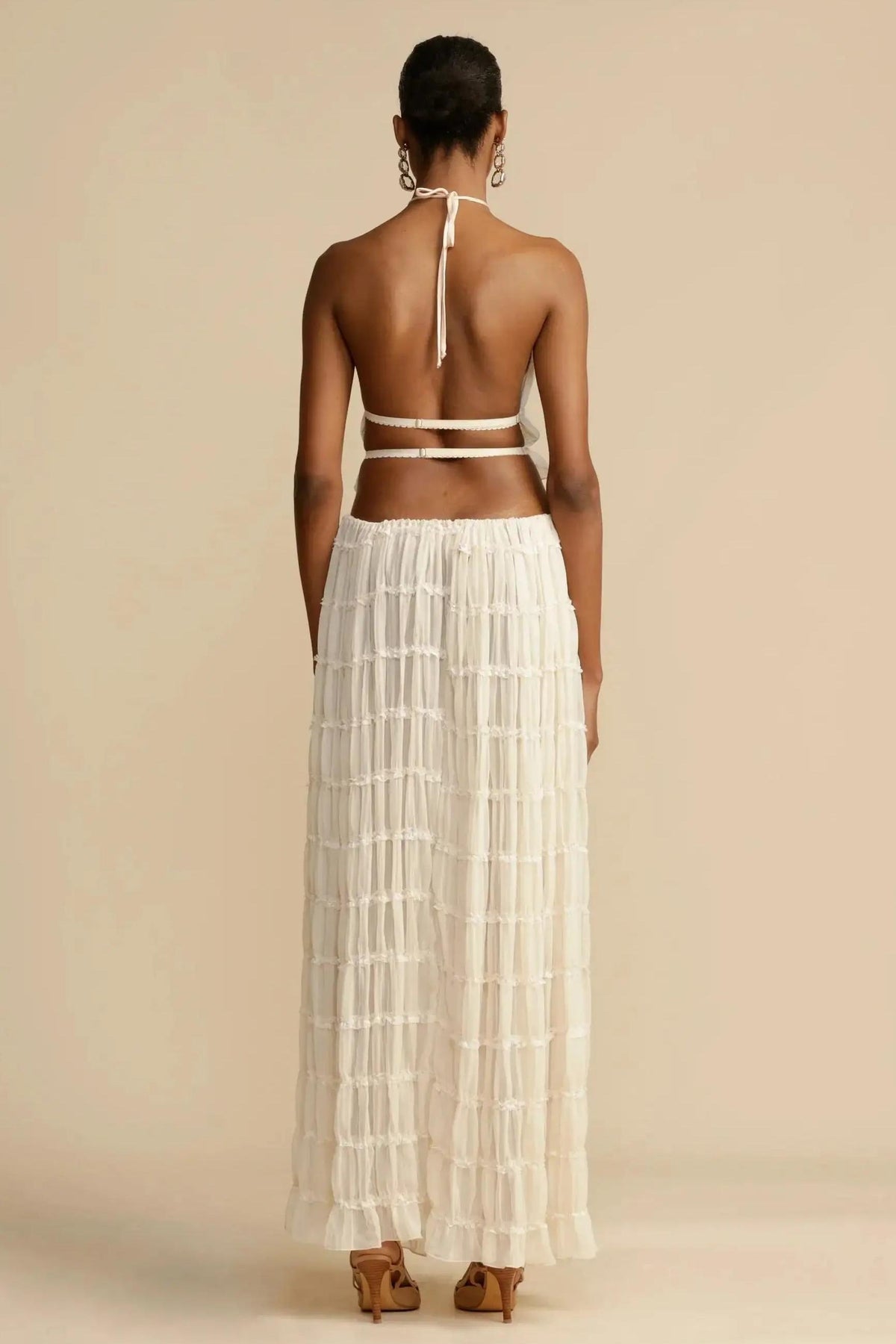 Smocking Halter Neck Backless Top & Mid Waist Maxi Skirt Set