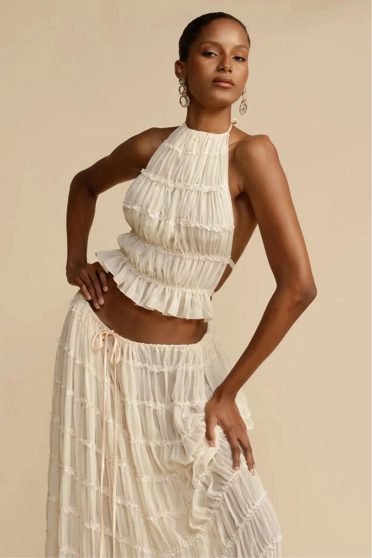 Smocking Halter Neck Backless Top & Mid Waist Maxi Skirt Set