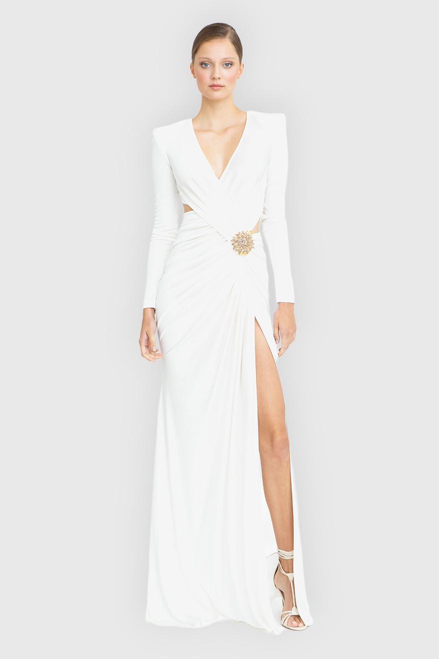 V-Neck Long Sleeve Split Solid Midi Dress
