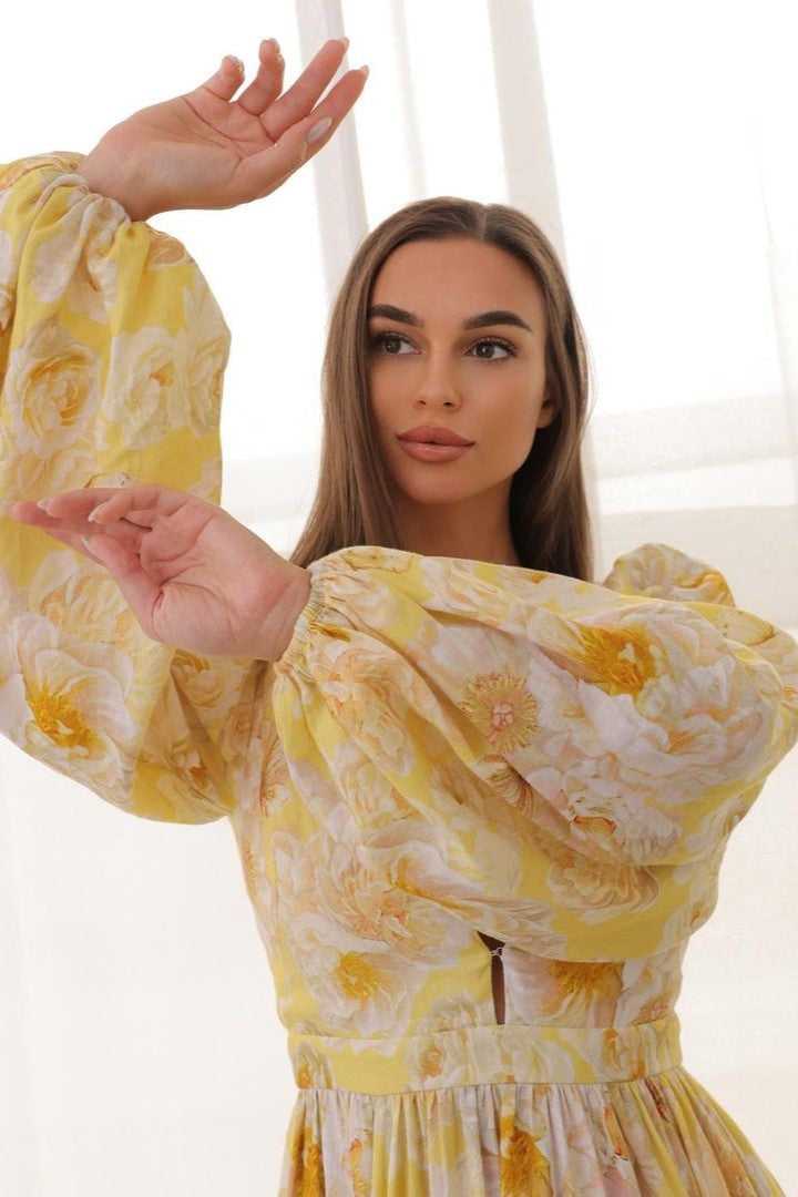 Floral V-Neck Long Sleeve Midi Dress