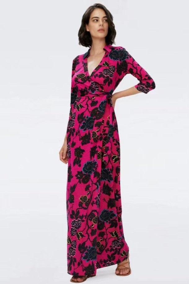 Floral Mid Sleeve Lace Up Wrap Midi Dress