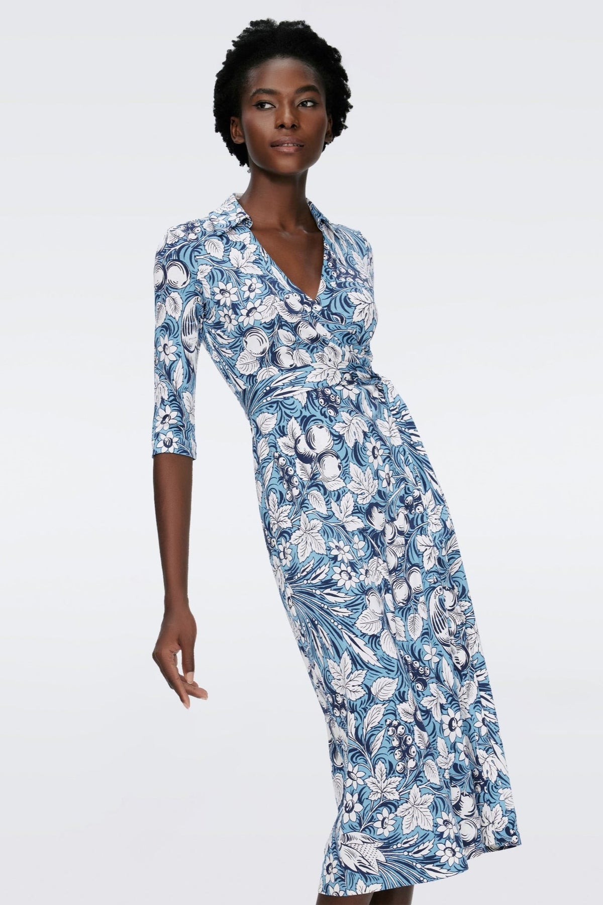 Floral Mid Sleeve Lace Up Wrap Midi Dress