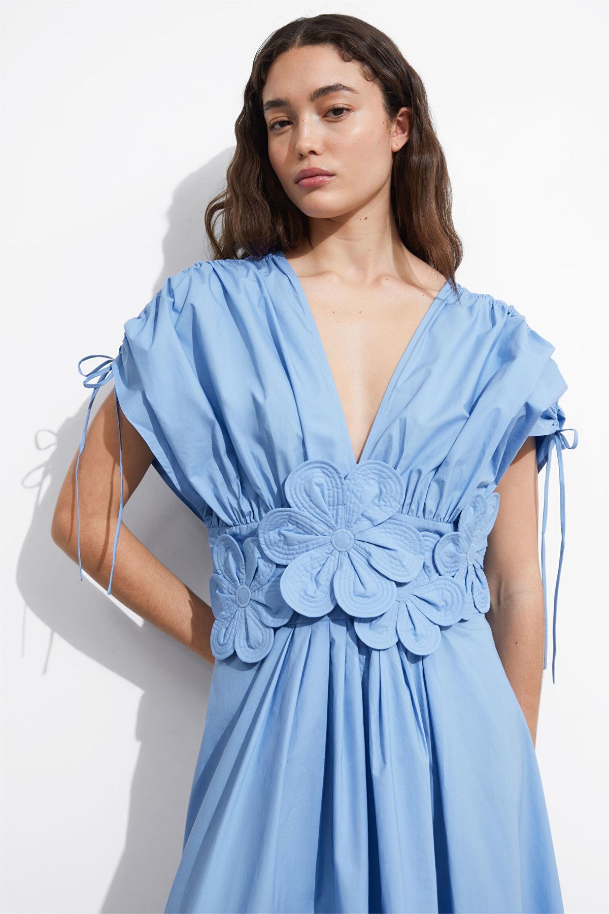 3D Floral V-Neck Lace Up Midi Dress