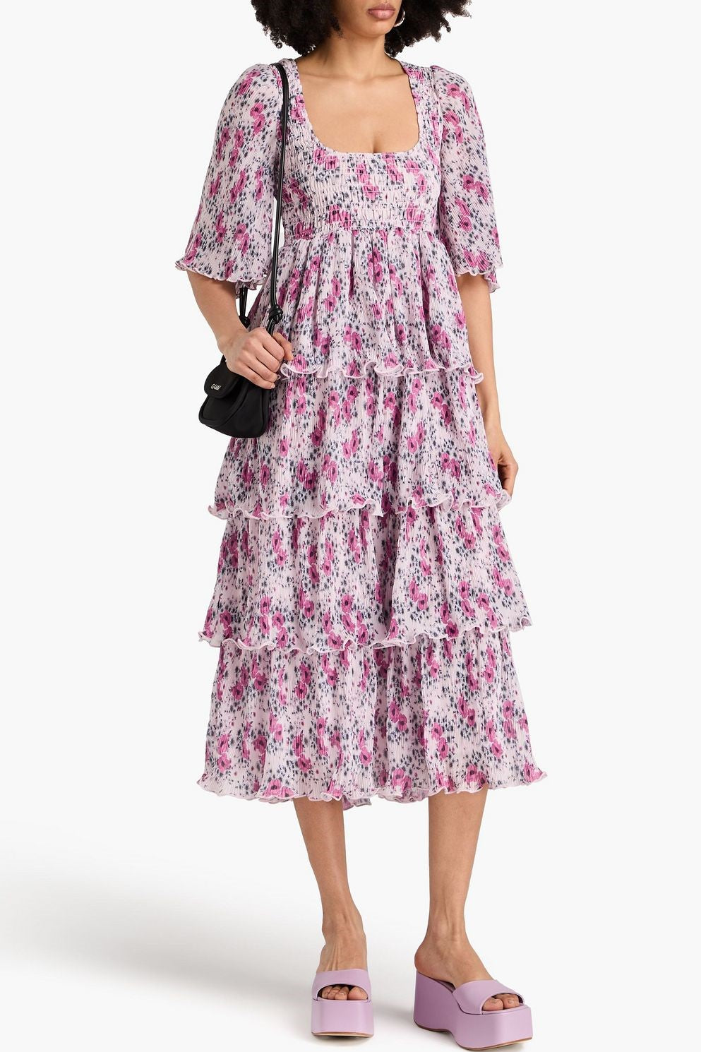Floral Mid Sleeve Square Collar Midi Dress