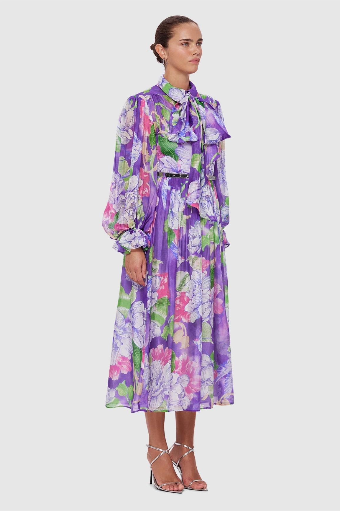 Floral Lantern Sleeve Lace-Up Midi Dress