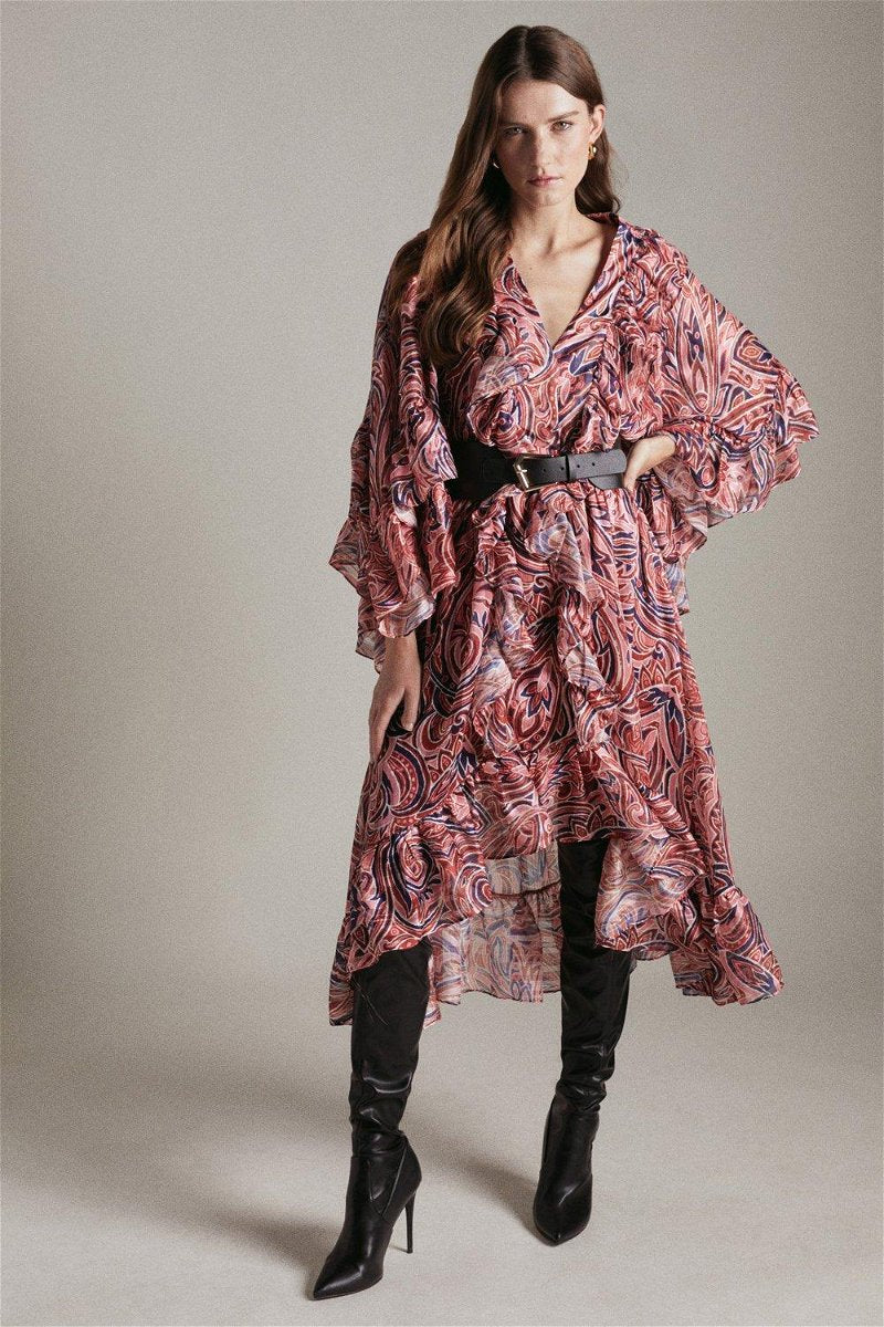 Abstract Print V-Neck Frill Midi Dress