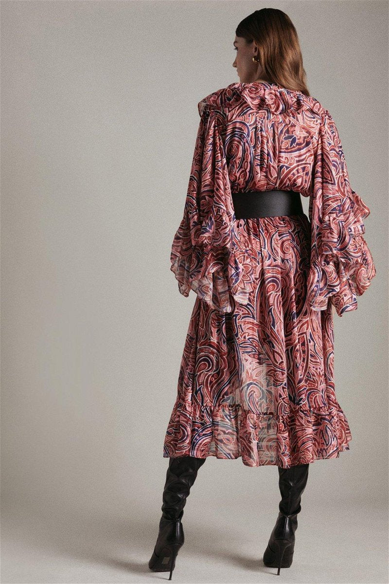 Abstract Print V-Neck Frill Midi Dress
