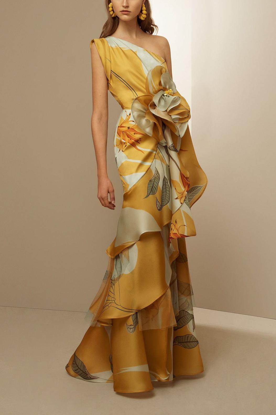 3D Floral One-Shoulder Ruffle Maxi Dress