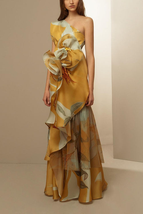 3D Floral One-Shoulder Ruffle Maxi Dress