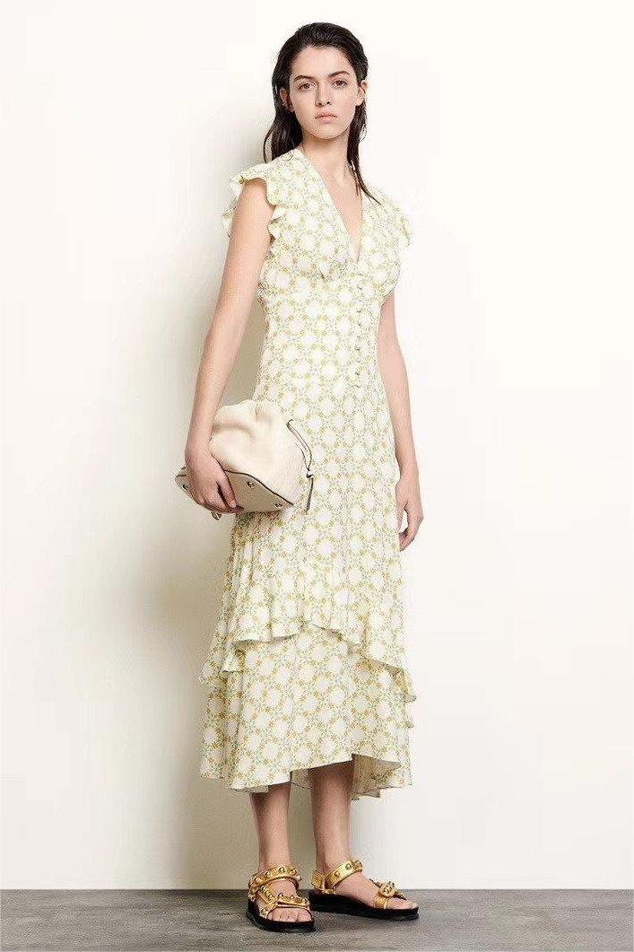 Floral Jacquard V-Neck Ruffle Midi Dress