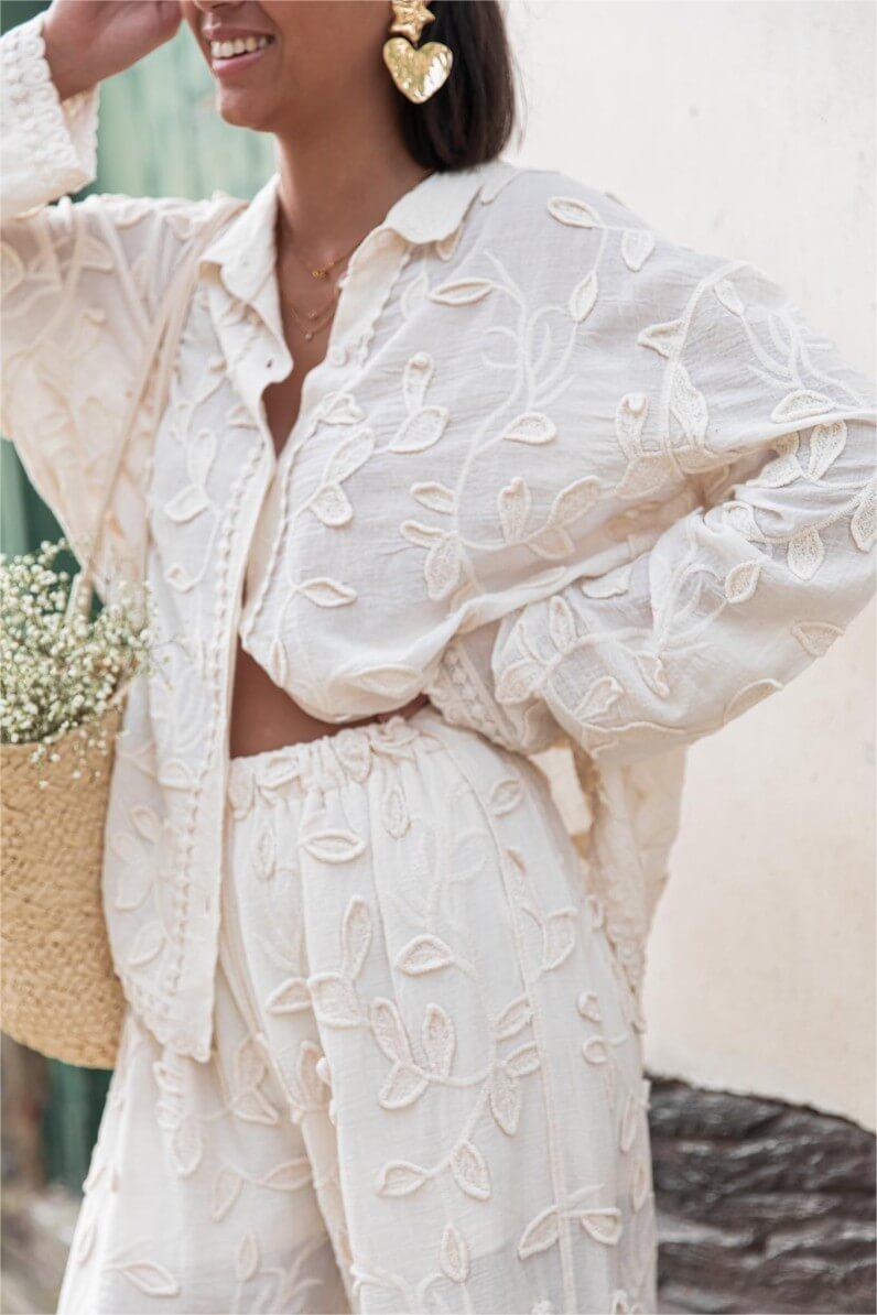 Embroidered Solid Long Sleeve Shirt & Embroidered Solid Pants Set