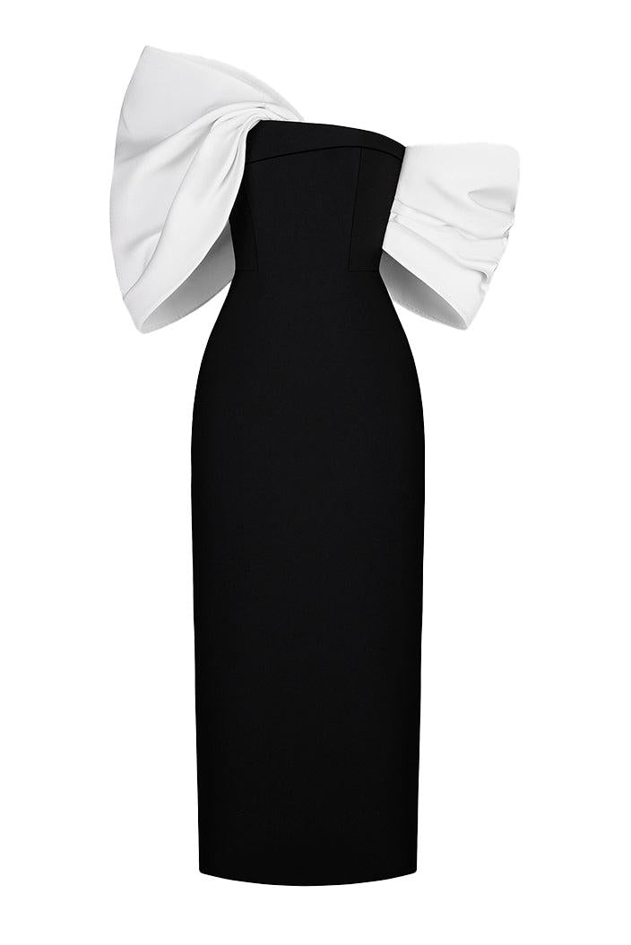 Bow Off-Shoulder Asymmetrical Midi Dress