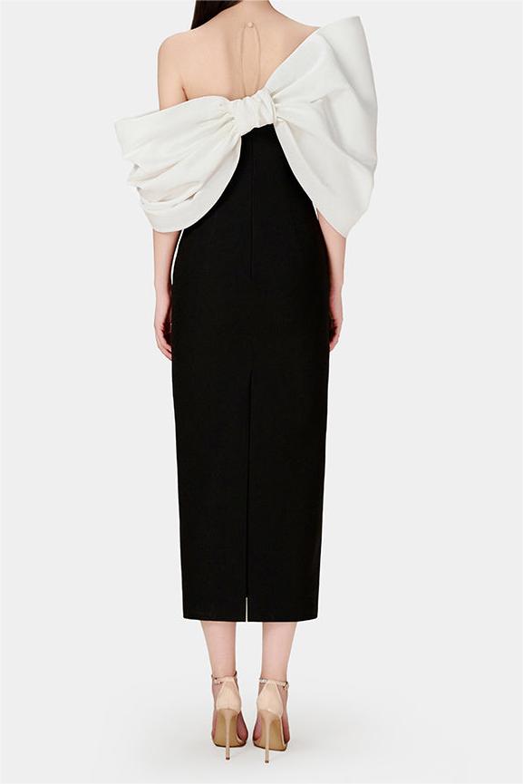 Bow Off-Shoulder Asymmetrical Midi Dress