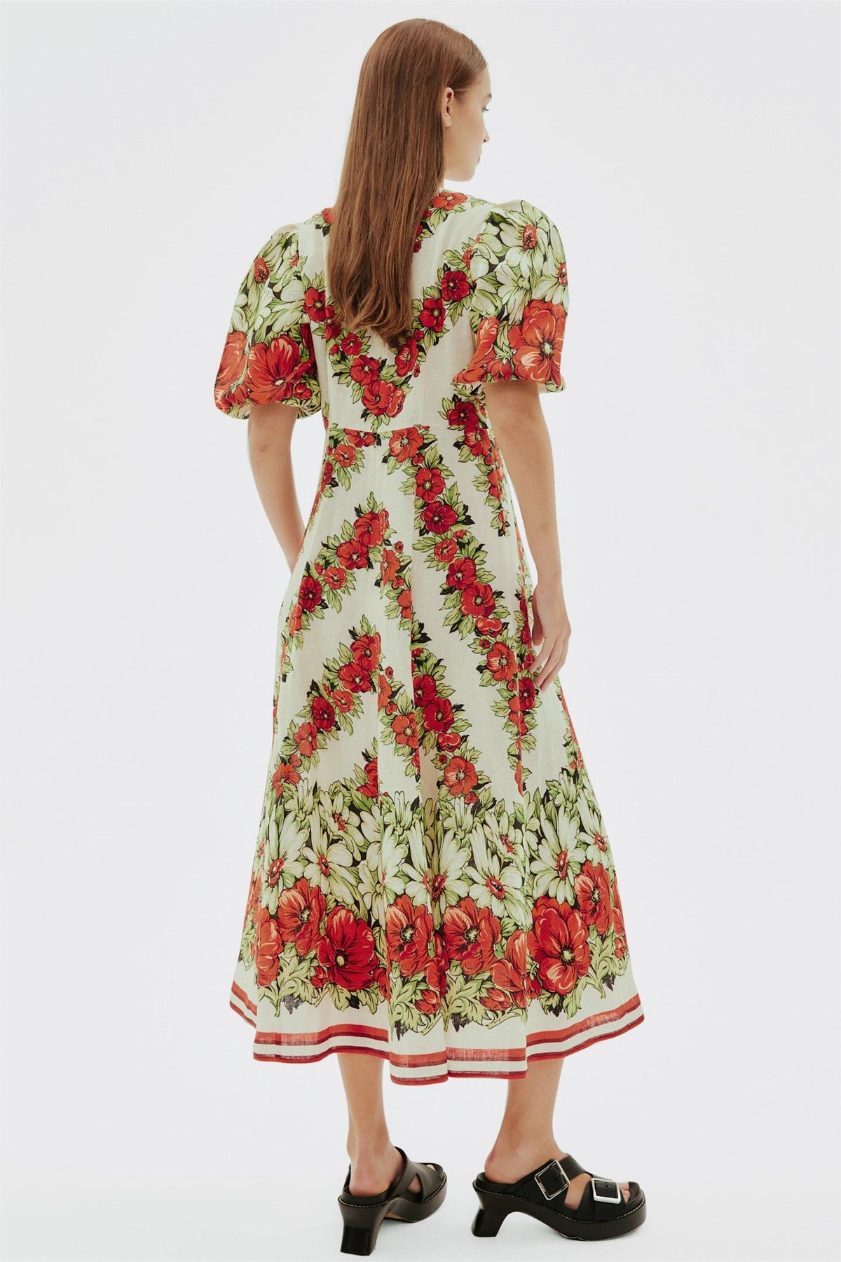 Floral Puff Sleeve Round Neck Midi Dress
