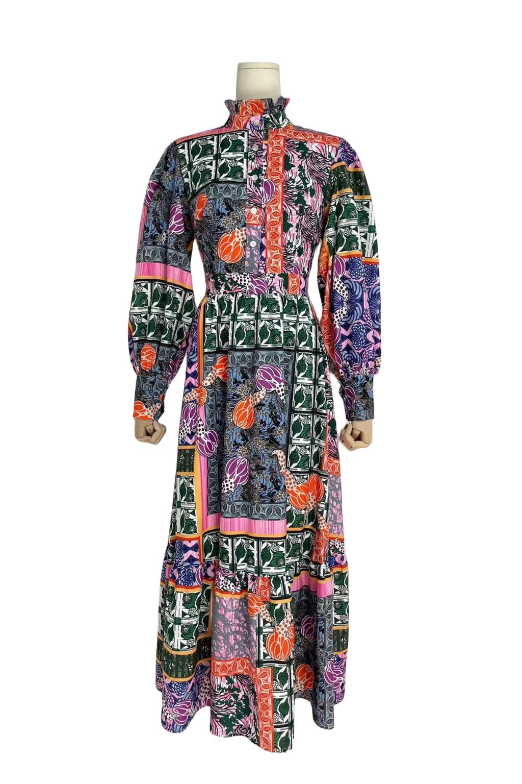 Patchwork Print Stand Collar Lantern Sleeve Midi Dress