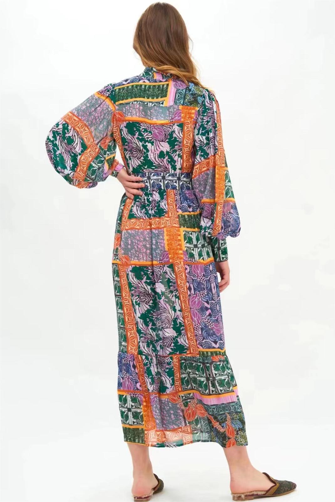 Patchwork Print Stand Collar Lantern Sleeve Midi Dress