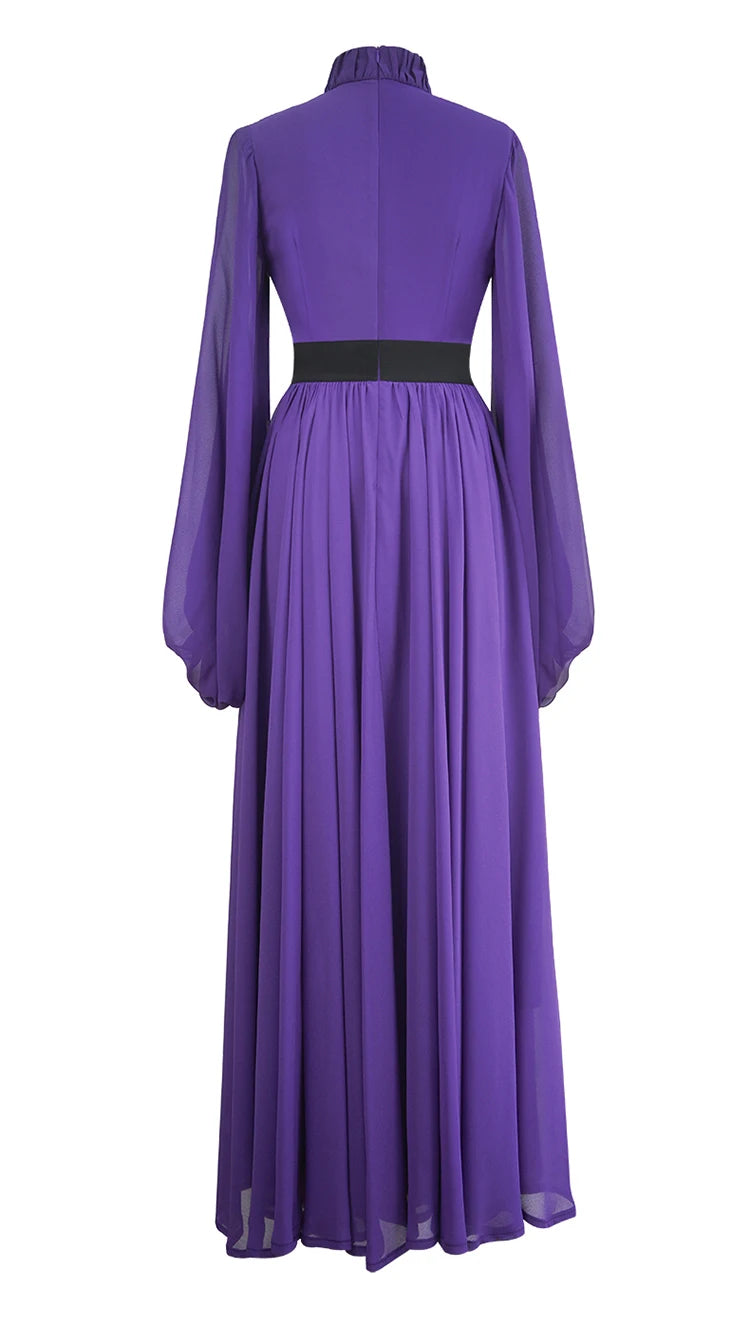 Solid Ruched Lantern Sleeve Midi Dress