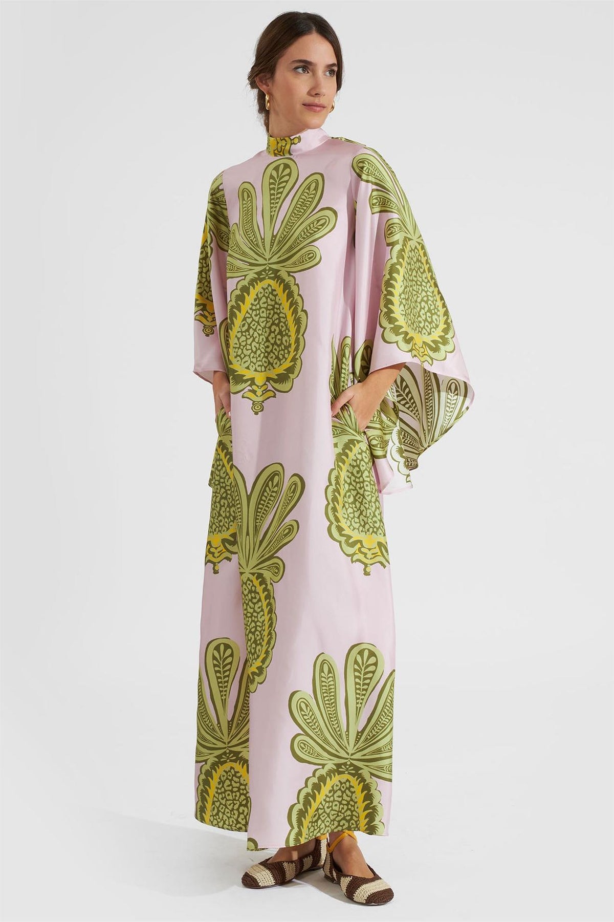 Botanical Print Satin Lace Up Maxi Dress