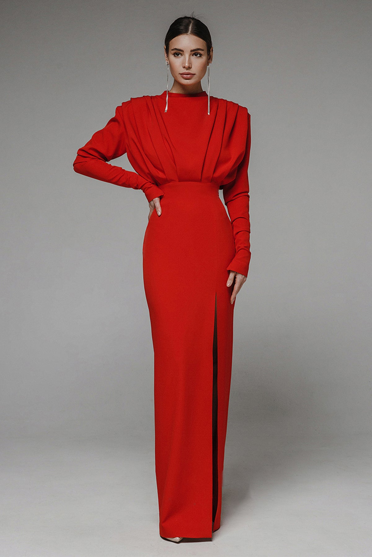 Solid High Split Long Sleeve Midi Dress