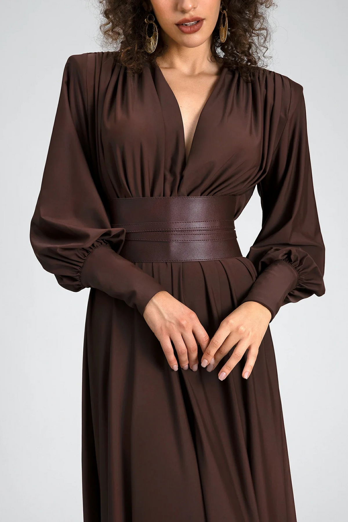 Gathered Long Sleeve Maxi Dress With Belt