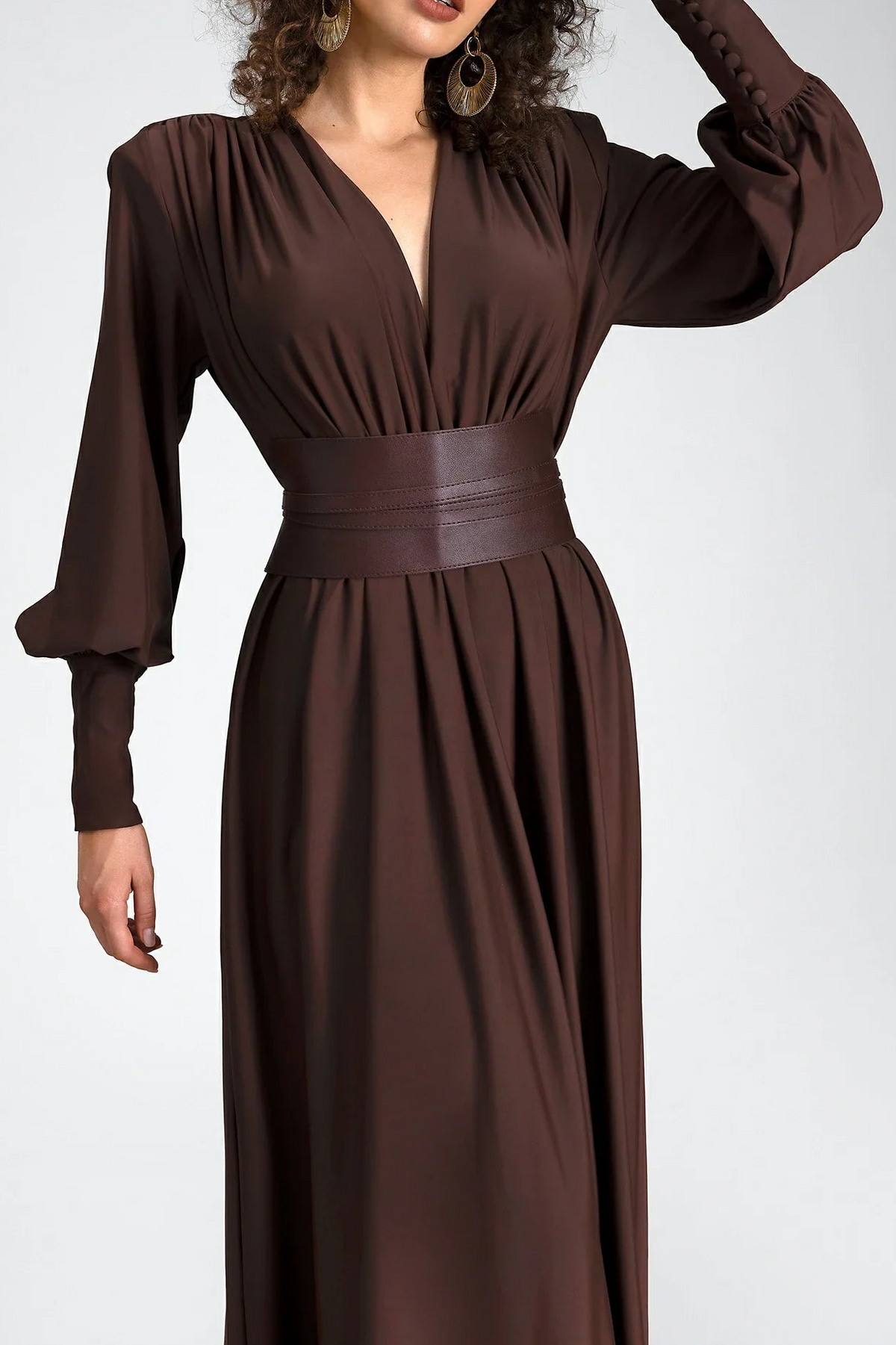 Gathered Long Sleeve Maxi Dress With Belt