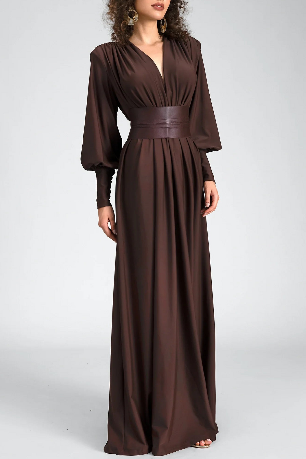 Gathered Long Sleeve Maxi Dress With Belt