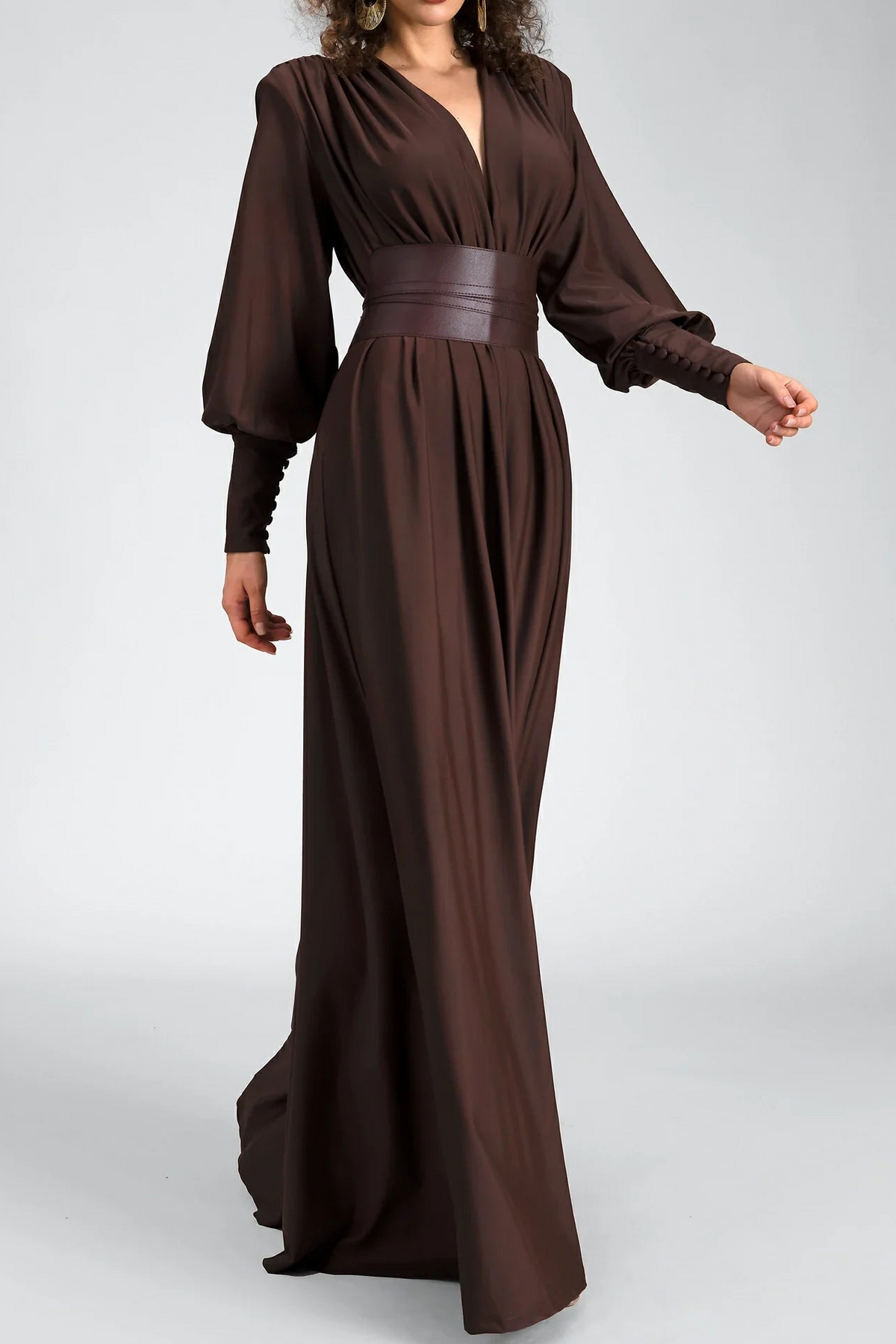Gathered Long Sleeve Maxi Dress With Belt