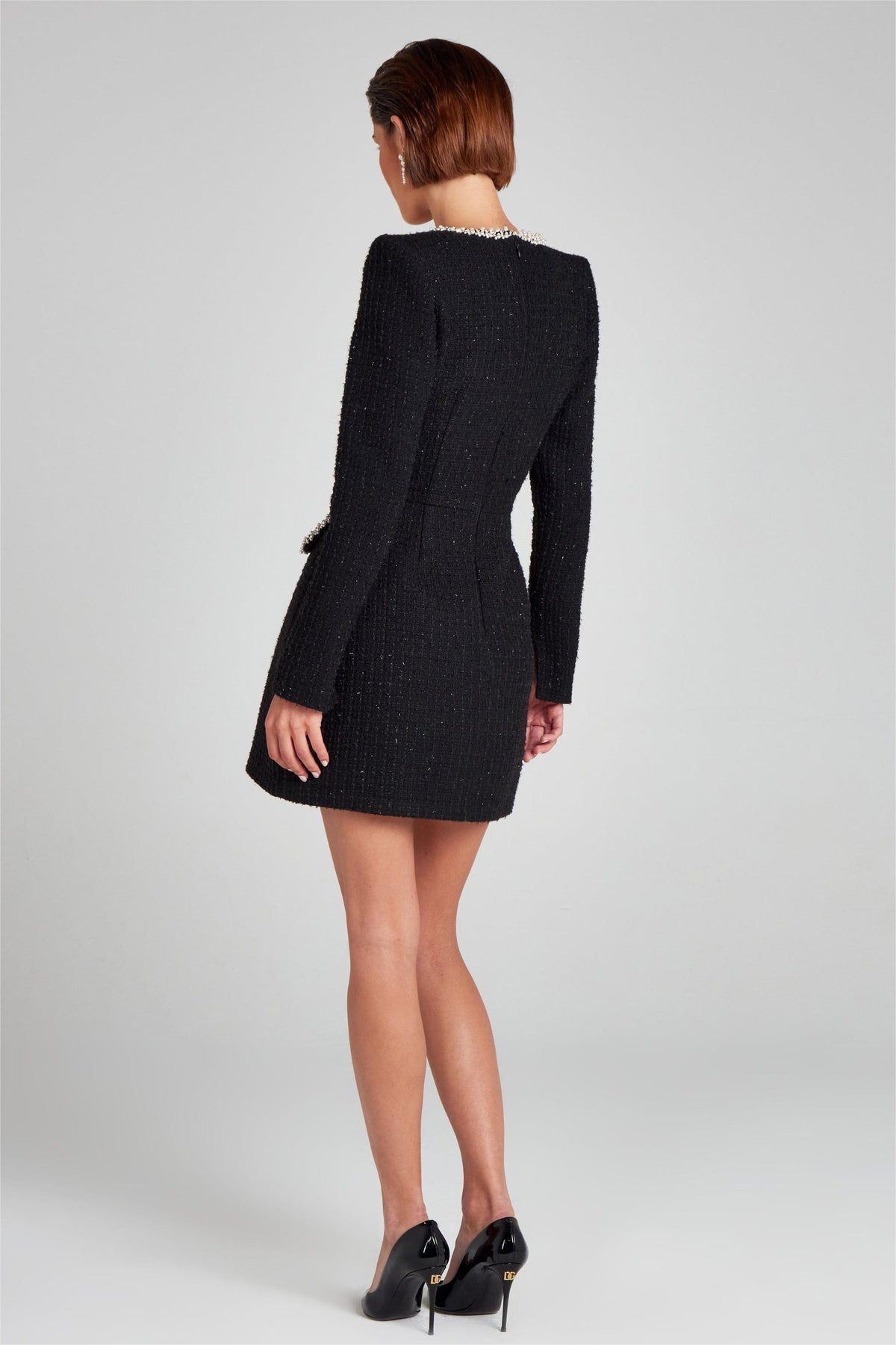 Tweed Square Collar Faux Pearl Mini Dress