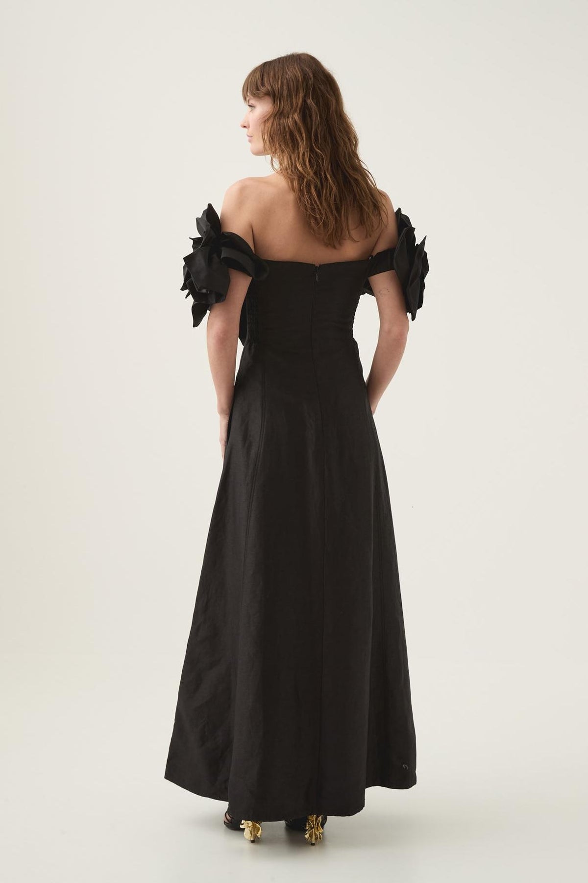 3D Flower Solid Off-Shoulder Midi Dress