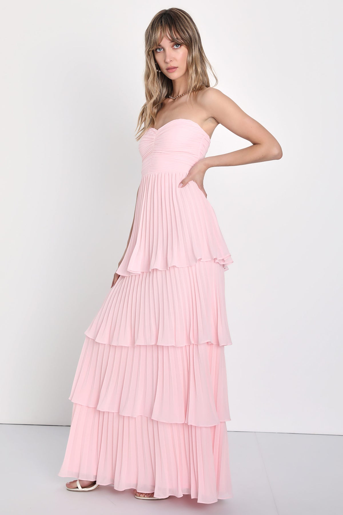 Off-Shoulder Pleat Tiered Maxi Dress